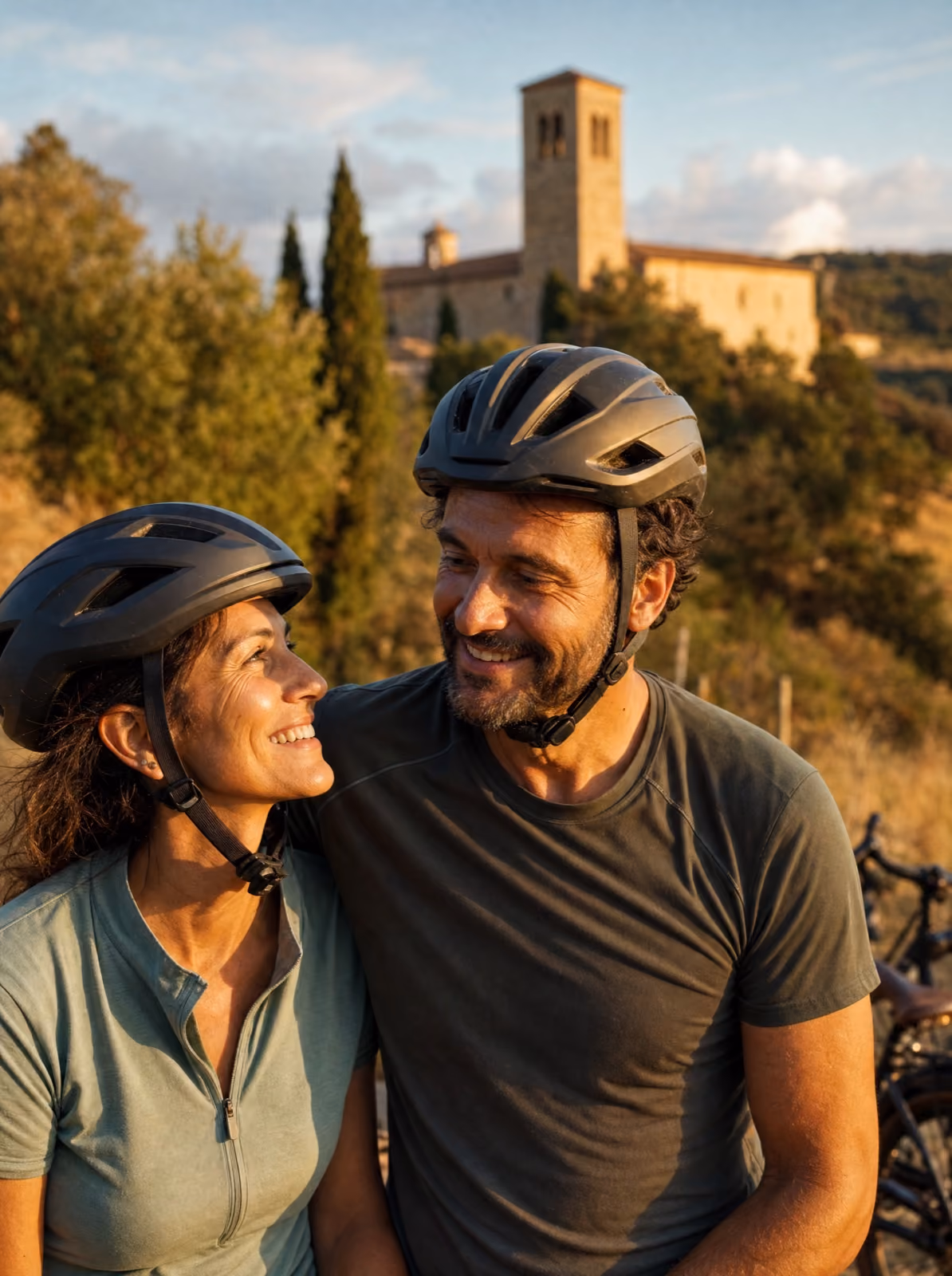 Una coppia in bici sulle colline di Narni al tramonto